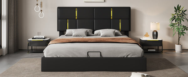 English Elm Queen Upholstered Storage Bed Gas Lift Platform with Gold Trim Pu Headboard N733S362241B