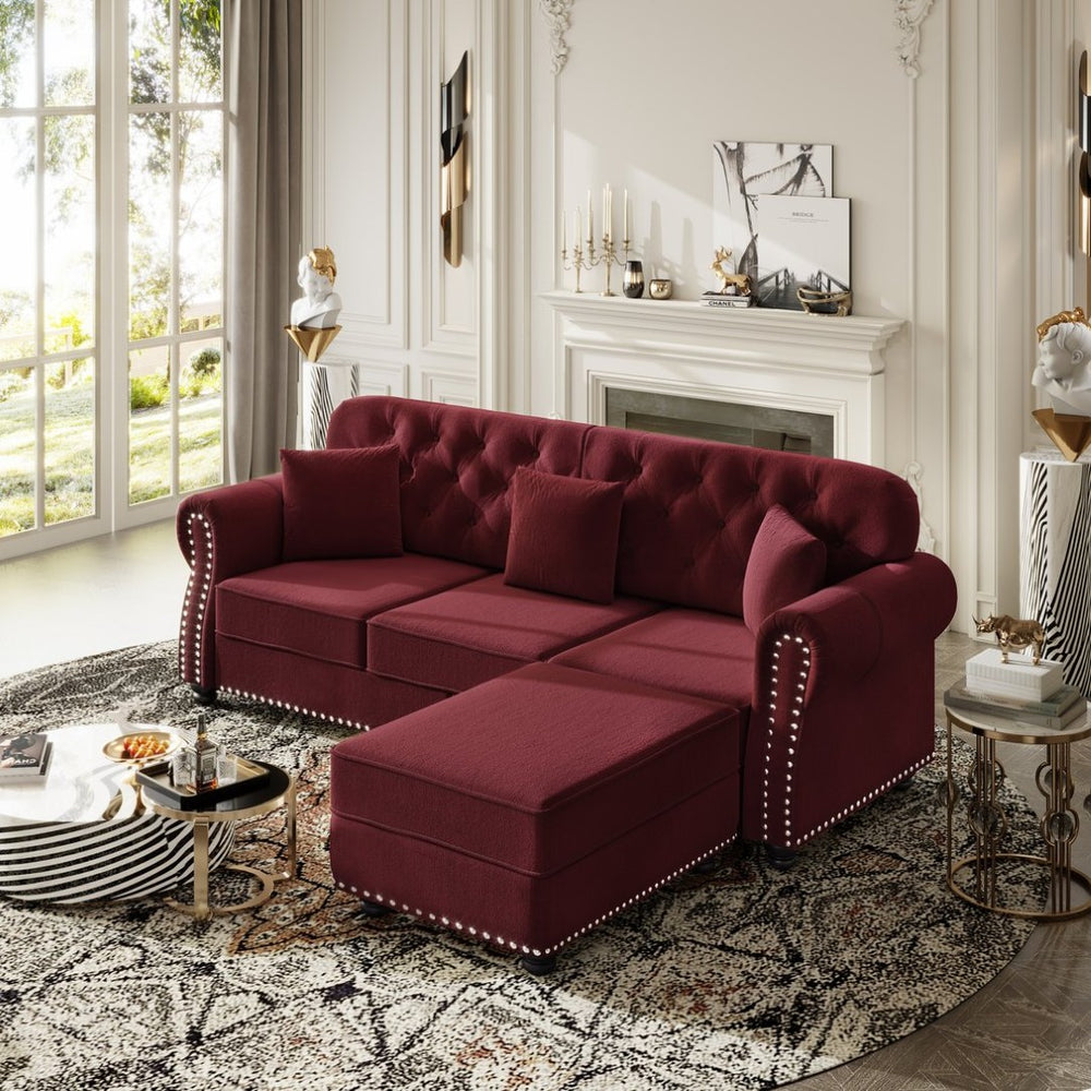 English Elm 82.6"upholstered Velvet Chesterfield Sofa with Button Tufting Nailhead Trim Rolled Arms Burgundy W1885S00372