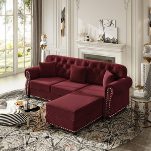 English Elm Upholstered Velvet Chesterfield Sofa with Button Tufting Brass Nailhead and Ottoman Burgundy W1885S00393