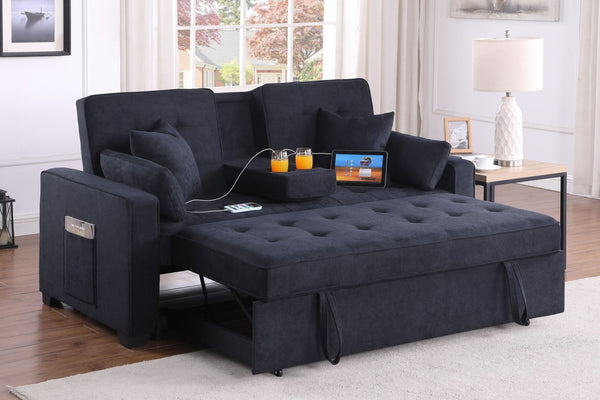 English Elm Corrado Woven Fabric Sleeper Loveseat with Console Cup Holders and Charging Ports Dark Gray B2749S00241