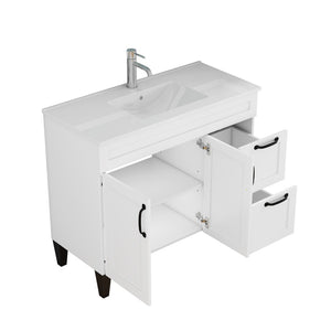 English Elm 39.4-inch White Bathroom Vanity with Sink Soft Close Doors Deep Drawers Black Hardware W3151S00076