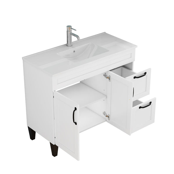 English Elm 39.4-inch White Bathroom Vanity with Sink Soft Close Doors Deep Drawers Black Hardware W3151S00076