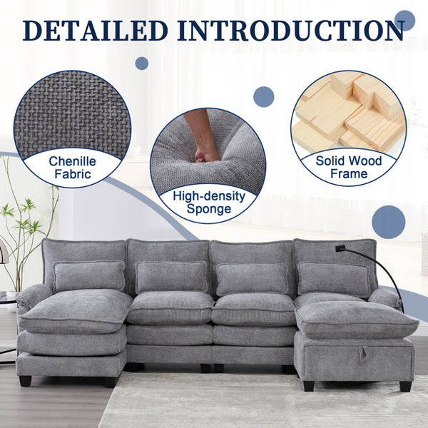 English Elm United U-Shaped Sectional Sofa 106" Cloud Couch - Comfy Chenille, Storage Ottoman, Usb Ports & Pillows W1568S00232-GIGA