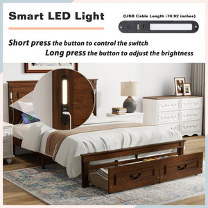English Elm Queen Farmhouse Pinewood Storage Bed with Led Lighting Usb Charging and Panel Headboard Walnut W504P391016