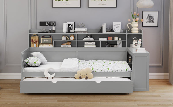 English Elm Wooden Twin Daybed with Trundle, Built-In Desk and Side Storage Shelves for Space-Saving Living Gray 54.4 L x 18 W x 5.6 H N733S242275E