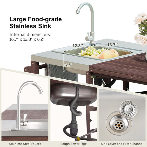 English Elm K&k Solid Fir Outdoor Kitchen Island with Sink Stainless Steel Top and Grill Cutout Brown N707S000022Z