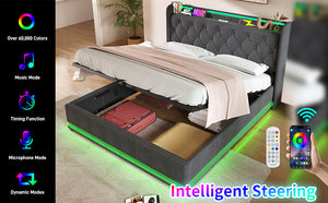 English Elm King Upholstered Bed with Surround LED, App/Remote Control, Hydraulic Storage, USB Type-C Charging Gray N736P188808G