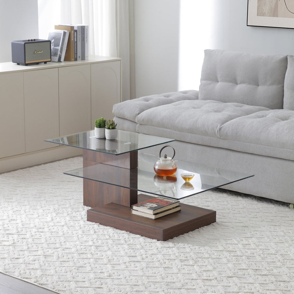 English Elm Glass Three Tier Z Shape Coffee Table Tempered Clear Modern Living Room Display Walnut W1117P276608
