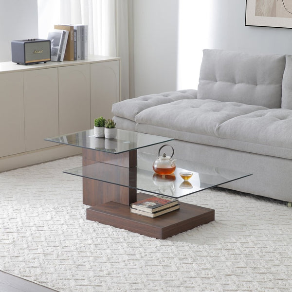 English Elm Glass Three Tier Z Shape Coffee Table Tempered Clear Modern Living Room Display Walnut W1117P276608