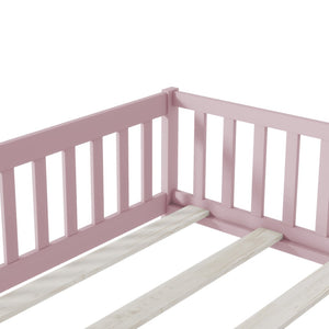 English Elm Twin Solid Rubberwood Floor Bed with Full Perimeter Safety Rails for Toddler Rooms Pink W504P296791