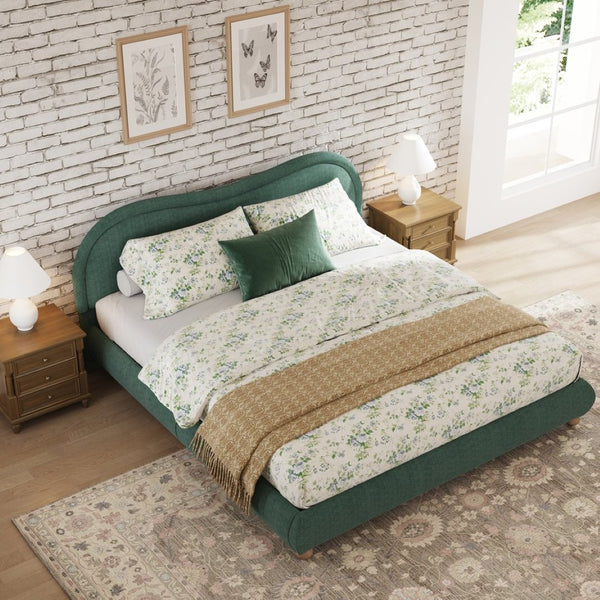 English Elm Queen Chenille Upholstered Curved Headboard Platform Bed with Oak Legs Solid Wood Slats W1716P428274