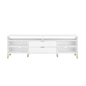 English Elm Dumbo 85" Fluted TV Stand with Gold Legs, 2 Drawers & 6 Shelves, Wire Management, Easy Snap Assembly White B365P397925