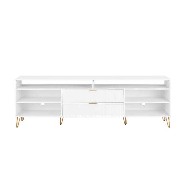 English Elm Dumbo 85" Fluted TV Stand with Gold Legs, 2 Drawers & 6 Shelves, Wire Management, Easy Snap Assembly White B365P397925