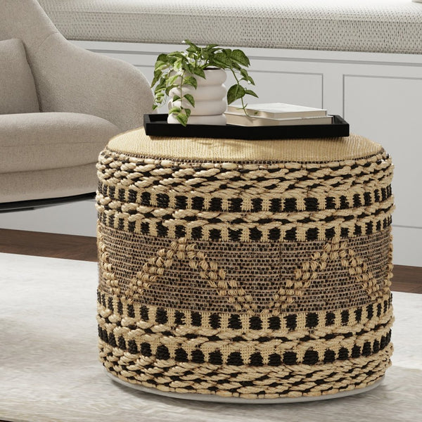 English Elm Stella Handwoven Jute Pouf in Natural & Black — 20" Round Durable Polystyrene-Filled Accent Seat B136P252624