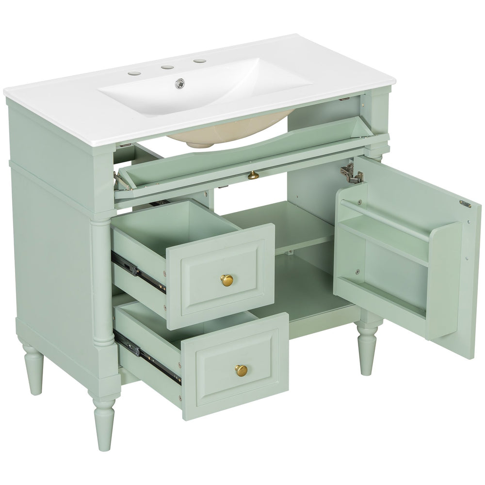 English Elm 36" Freestanding Bathroom Vanity With Stylish Ceramic Basin, Smart Storage & Elegant Green Finish N725P356064F