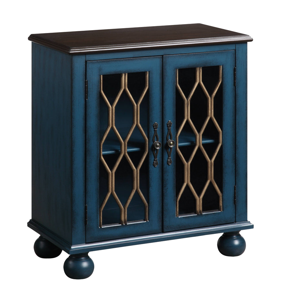 English Elm Lassie Antique Blue Console Cabinet with Glass Doors & Turned Legs, 2-Door Storage, 70lb Top Limit B2726P272971