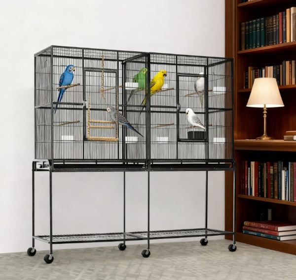 English Elm Roomy Rolling Bird Cage with Wooden Perches Storage Shelf and Slide Out Cleaning Trays T3971P423616