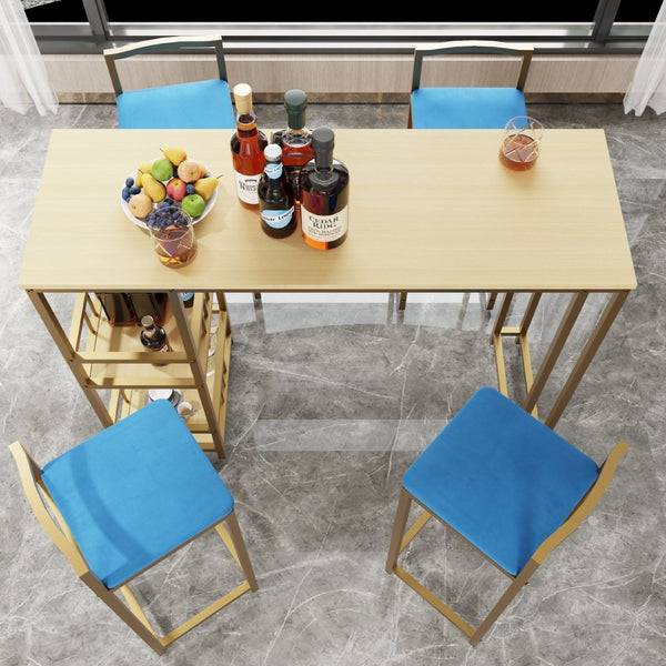 English Elm Bar Table and Four Cushioned Chairs Gold Iron Frame with Built-in Shelf Coastal Style W3064P245382