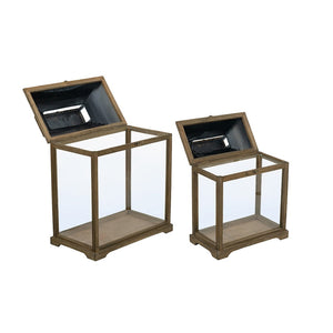 English Elm S/2 Distressed Fir Wood Candle Lanterns with Glass Sides and Gold Dome Tops W2078P423052