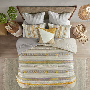 JLA Home INK+IVY - 3 Cotton Cody Comforter Set with Grey-Yellow Stripes, Pompom Trim, OEKO-TEX Certified Breathable Cotton 92 L x 88 W x 1.5H II10-1116