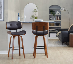 English Elm Fixed-height Swivel Barstools Walnut Back Espresso Seat Mid-century Kitchen Pair B202S01926