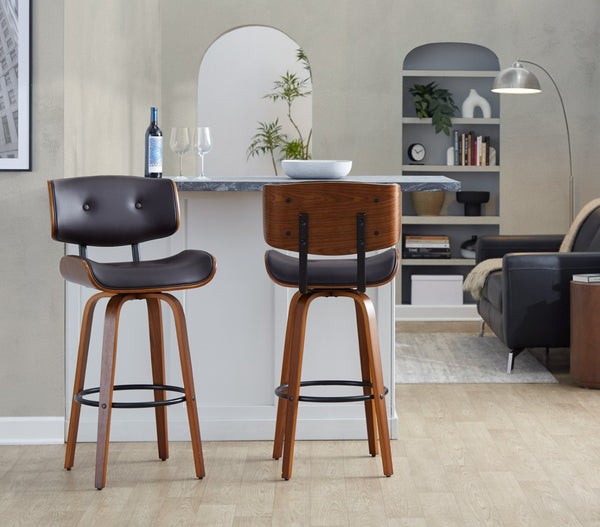 English Elm Fixed-height Swivel Barstools Walnut Back Espresso Seat Mid-century Kitchen Pair B202S01926