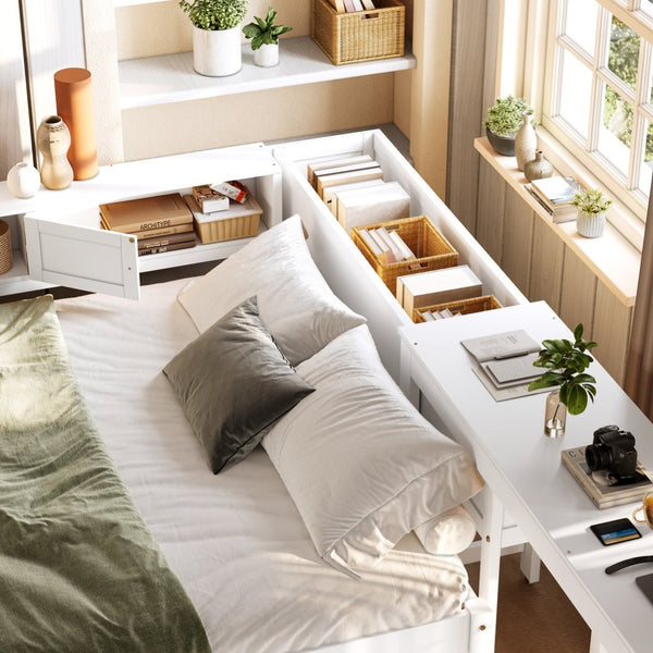 English Elm Twin Daybed Pine Frame with Trundle Desk Hutch Shelves and Storage for Kids Rooms White W1580S00461