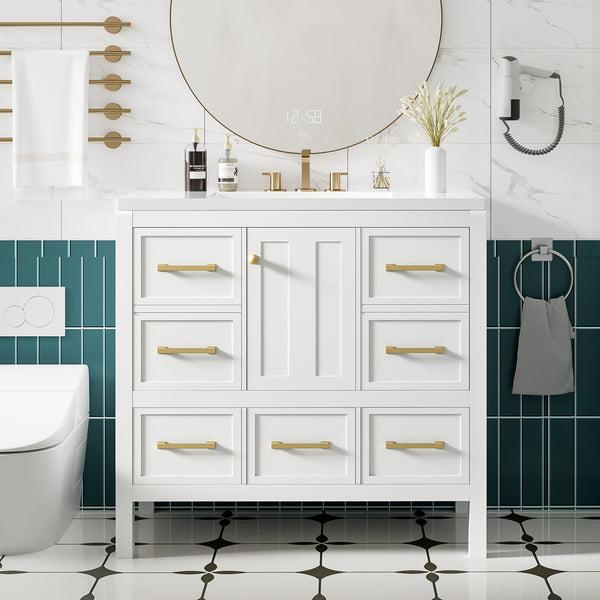 English Elm 36'' Bathroom Vanity with Resin Sink, Solid Wood Frame, 5 Drawers, Soft-Close Doors, Gold Knobs, Spacious Storage White SW000142AAK-1