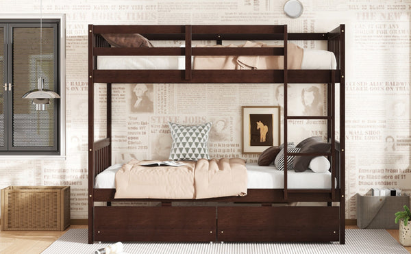 English Elm Twin Over Rubberwood Bunk Bed Convertible with Storage Drawers and Safety Rails W504S00298