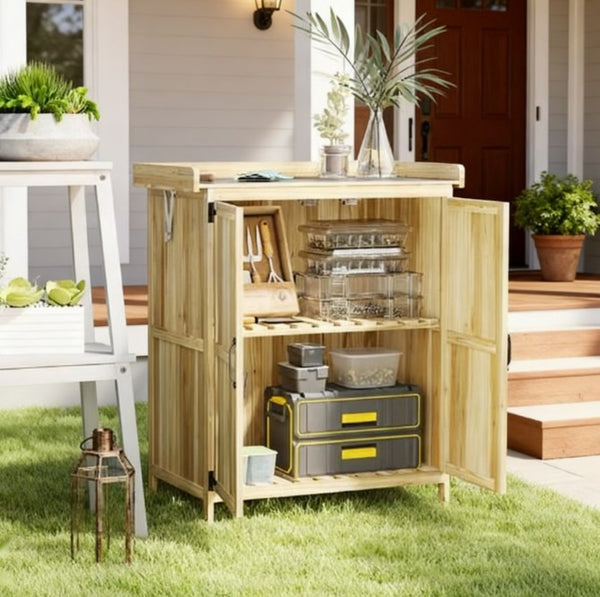 English Elm Wooden Garden Potting Bench with Fir Construction Steel Top and Weatherproof Tool Cabinet T3971P423152