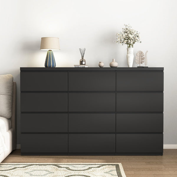 English Elm 12 Drawer Wide Double Dresser Modern Symmetrical Wood Storage Chest for Bedroom Black W409S00016