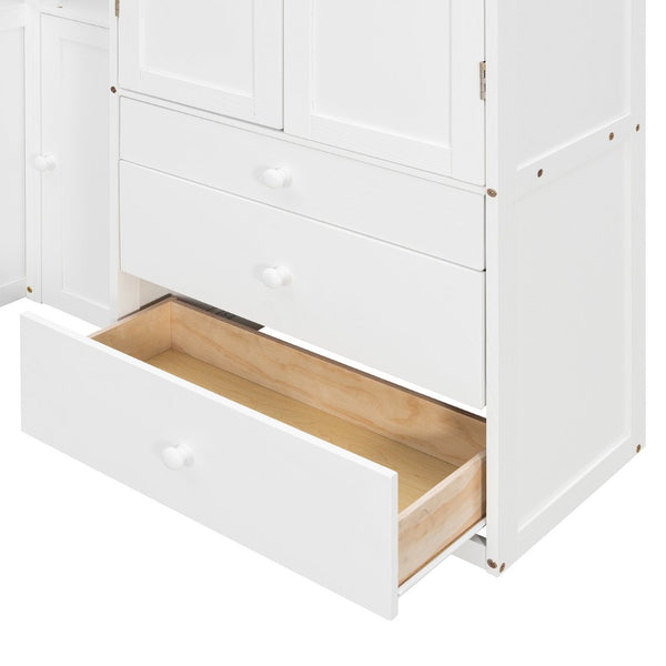 English Elm Wooden Twin Loft Bed with Built-in Desk Wardrobe Storage Drawers and Led Lighting N820S00069K