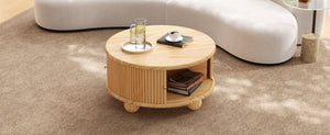 English Elm Round Fluted Pine Wood Coffee Table with Hidden Sliding Door Storage for Living Room Natural N735P369879N