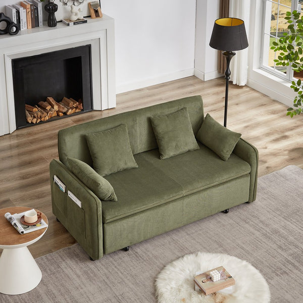 English Elm FX'' 66 Inch Sleeper Sofa Bed 3-in-1 Convertible Pullout Sofa with Plush Corduroy, 4 Pillows, Pockets Green W1926S00057