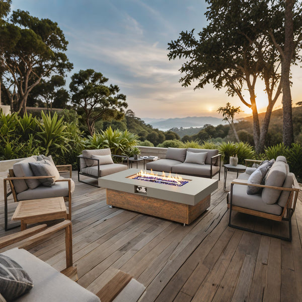 English Elm 48_inch Iron Fire Pit Table with Wood Grain Gray - Modern Outdoor Propane Table, Stainless Burner, Seats 5-6 W3131P277179