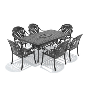 English Elm 7-piece Cast Aluminum Outdoor Dining Set Ornate Carved Patio Furniture Weather Resistant W1710S00642
