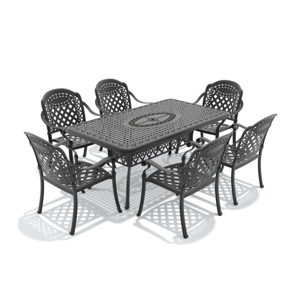 English Elm 7-piece Cast Aluminum Outdoor Dining Set Ornate Carved Patio Furniture Weather Resistant W1710S00642