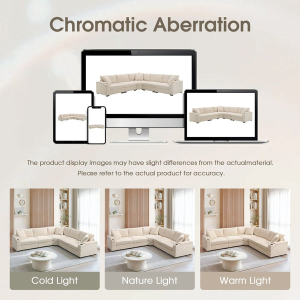 English Elm 104" Corduroy L-shaped Sectional with Usb Charging Armrest Storage and Cup Holders Beige N723S1187A