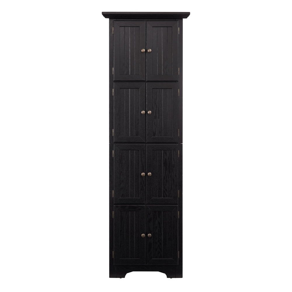 English Elm 4-Tier 8 Doors Tall Storage Cabinet with Vintage Metal Handles, Oak Finish Large Pantry Organizer for Entryway Black W2275P292653