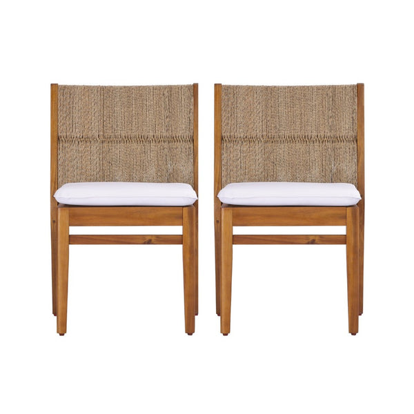 English Elm Acacia Hardwood Outdoor Dining Chairs with Wicker Detail and Cushions Set of 2 N772P384695T