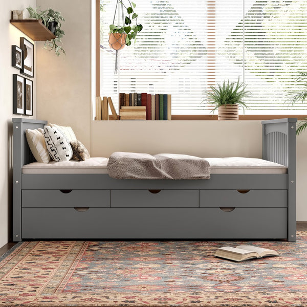 English Elm Twin Solid Wood Platform Bed with Trundle and Two Drawers, White Daybed for Kids Guests Gray W1580S00263