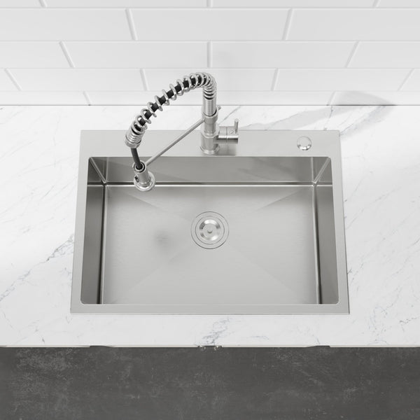 English Elm Stainless Steel Handmade Single Bowl Overmount Kitchen Sink Dark Gray Matte Finish T3177P370628