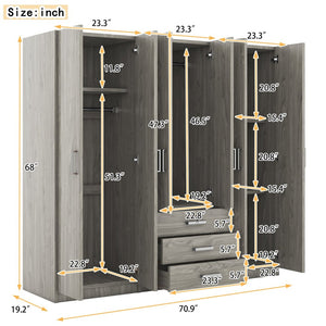 English Elm 6-doors Mdf Wardrobe with Large Drawers Streamlined Bedroom Storage Modern Design Gray N820000010E