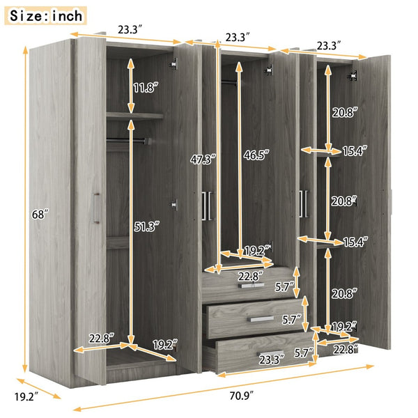 English Elm 6-doors Mdf Wardrobe with Large Drawers Streamlined Bedroom Storage Modern Design Gray N820000010E