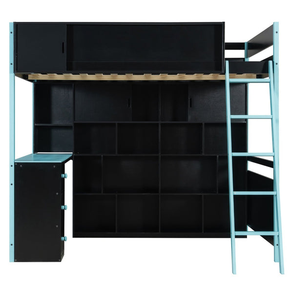 English Elm Full Size Gaming Loft Bed with Led Lighting Desk Drawers and Display Shelving Blue LT000263AAC