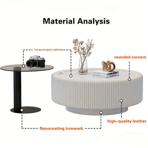 English Elm Black Round Fluted Pu Leather Coffee Table Tempered Glass Top Hidden Storage Modern Cream White W3081P428979