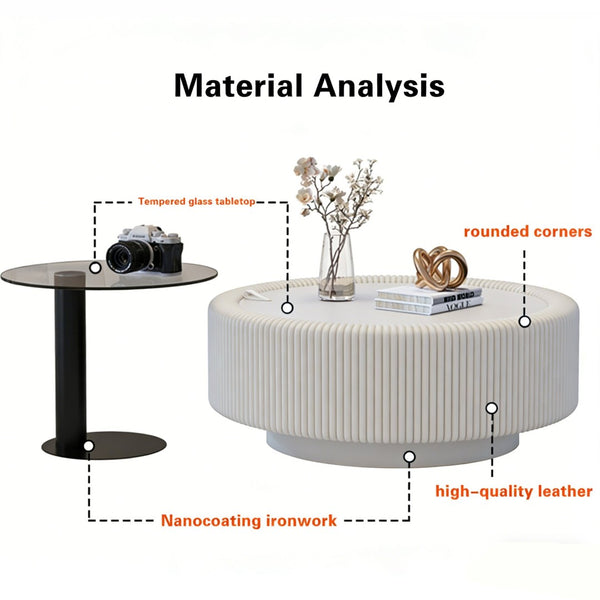 English Elm Black Round Fluted Pu Leather Coffee Table Tempered Glass Top Hidden Storage Modern Cream White W3081P428979