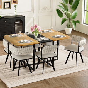 English Elm 7-piece Rectangular Dining Set Faux Marble Velvet Chairs Modern Apartment Table Beige,Black,Wood W3875S00129