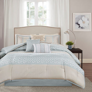 English Elm 7 Piece Madison Park Bennett Jacquard Comforter Set Aqua Queen – Neutral Geometric Stripes, Embroidered Pillows, Bedskirt Included B03596852