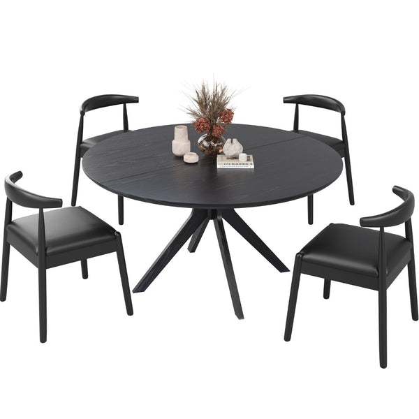 English Elm 47" Round Wood Dining Table Seats Six with Industrial Metal Base for Modern Homes Black T3623P437345